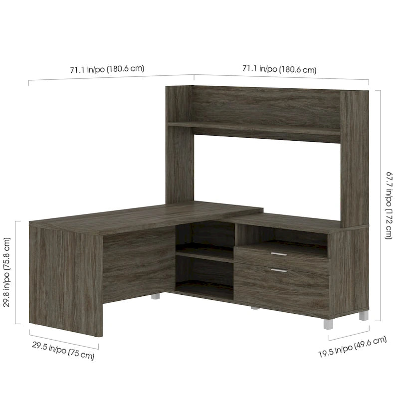 Bureau d'angle en L blanc et gris noyer avec huche ouverte, pour une personne
