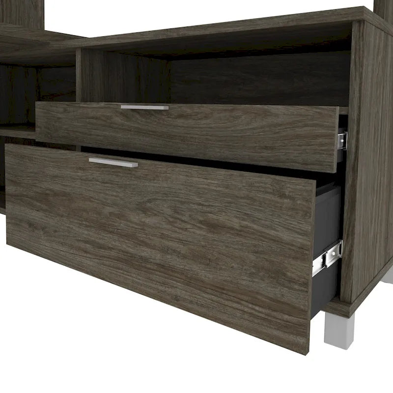 Bureau d'angle en L blanc et gris noyer avec huche ouverte, pour une personne