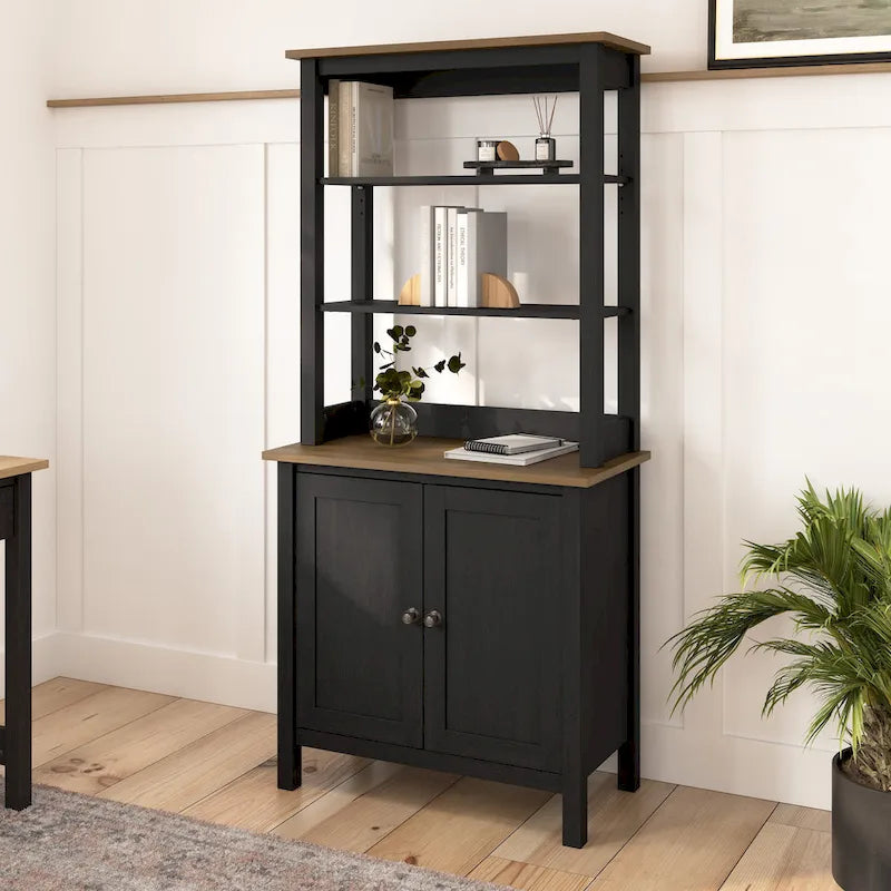 Bibliothèque 5 étagères avec portes Shiplap gris/noir vintage, style maison de campagne moderne, assemblage par 1 personne