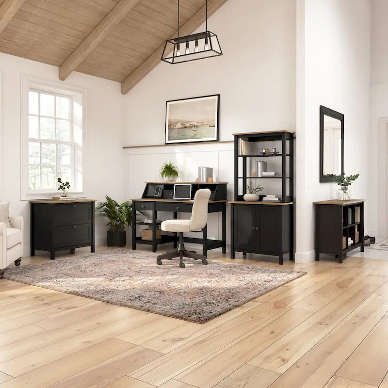 Bibliothèque 5 étagères avec portes Shiplap gris/noir vintage, style maison de campagne moderne, assemblage par 1 personne