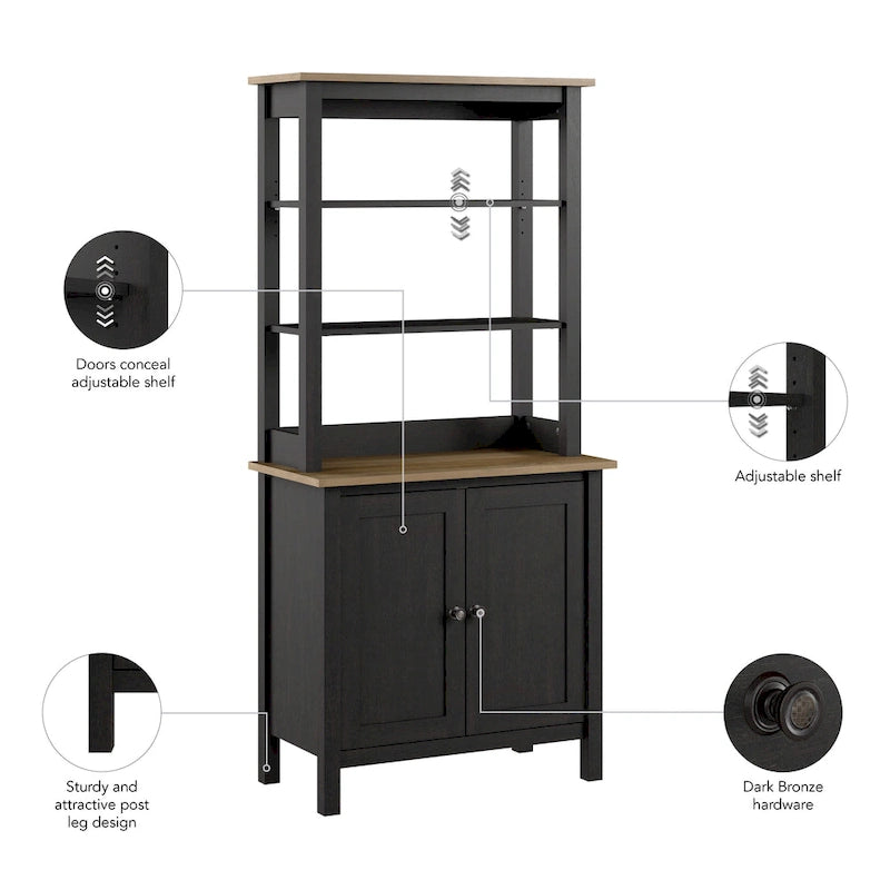 Bibliothèque 5 étagères avec portes Shiplap gris/noir vintage, style maison de campagne moderne, assemblage par 1 personne