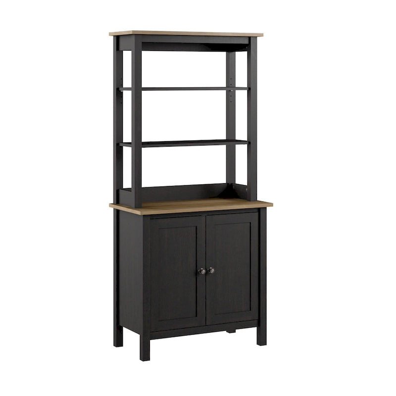Bibliothèque 5 étagères avec portes Shiplap gris/noir vintage, style maison de campagne moderne, assemblage par 1 personne
