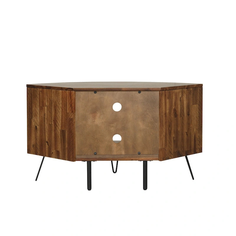 Meuble d'angle TV brun foncé, 2 étagères ouvertes, en bois d'acacia massif
