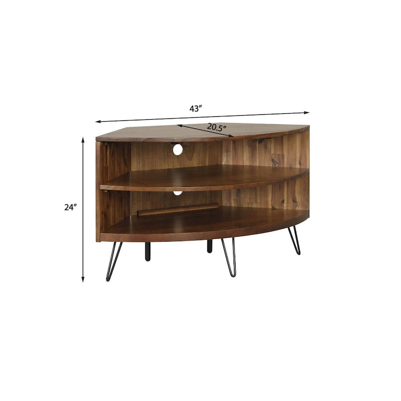 Meuble d'angle TV brun foncé, 2 étagères ouvertes, en bois d'acacia massif