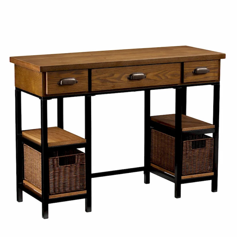 Bureau d'écriture de ferme noir et chêne avec rangement, 1 personne