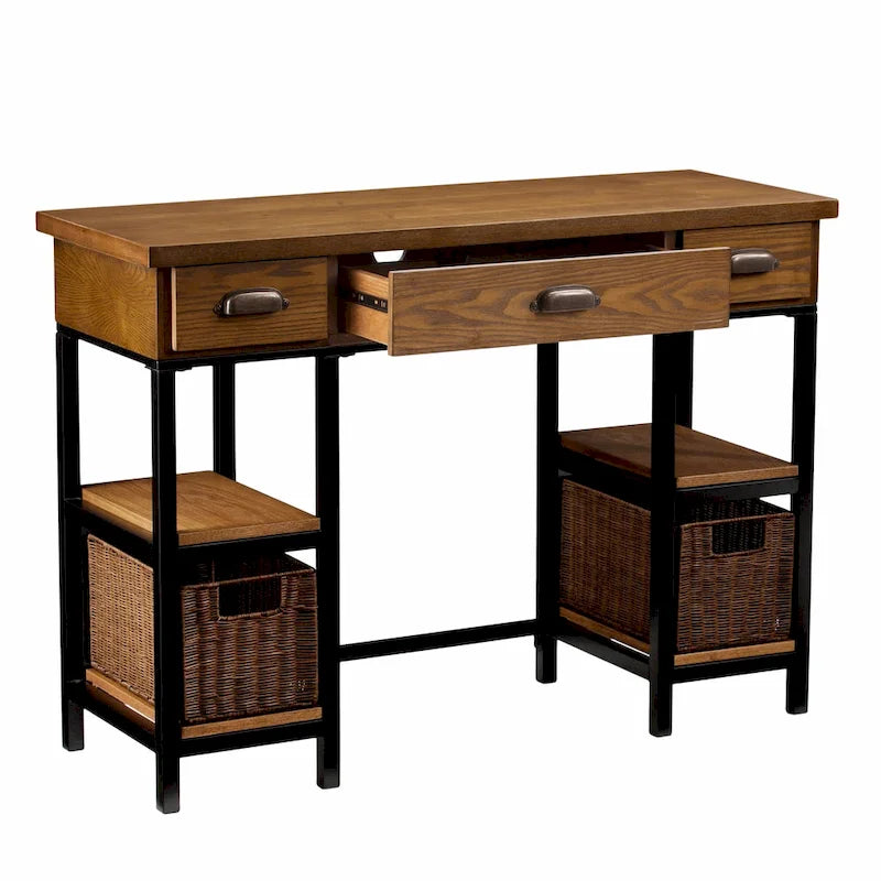 Bureau d'écriture de ferme noir et chêne avec rangement, 1 personne