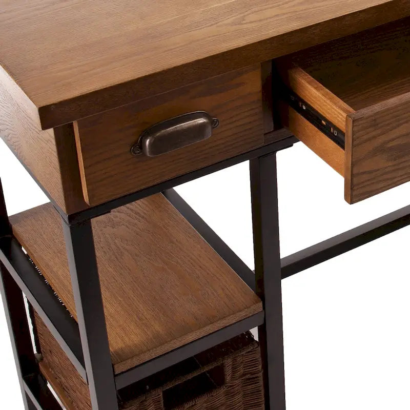 Bureau d'écriture de ferme noir et chêne avec rangement, 1 personne
