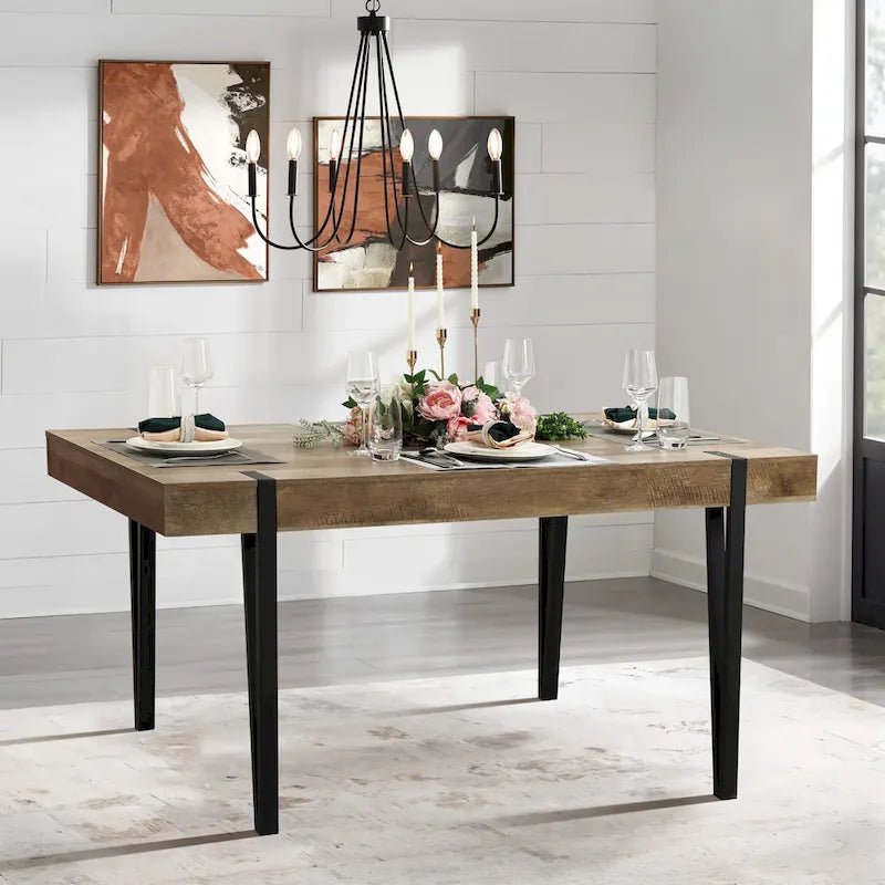 Table à manger rectangulaire 6 personnes, finition chêne, pieds en métal noir