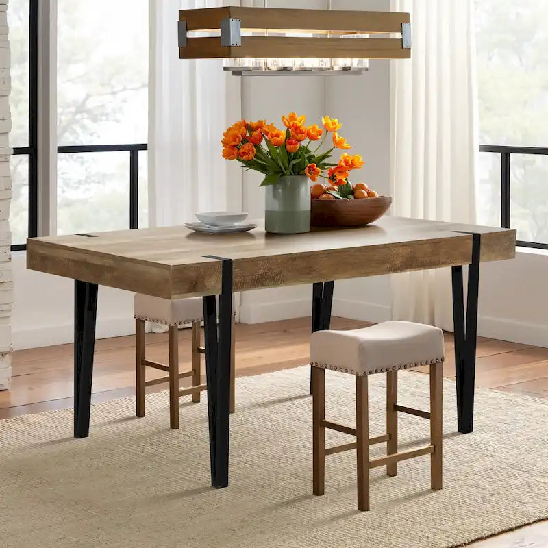 Table à manger rectangulaire 6 personnes, finition chêne, pieds en métal noir