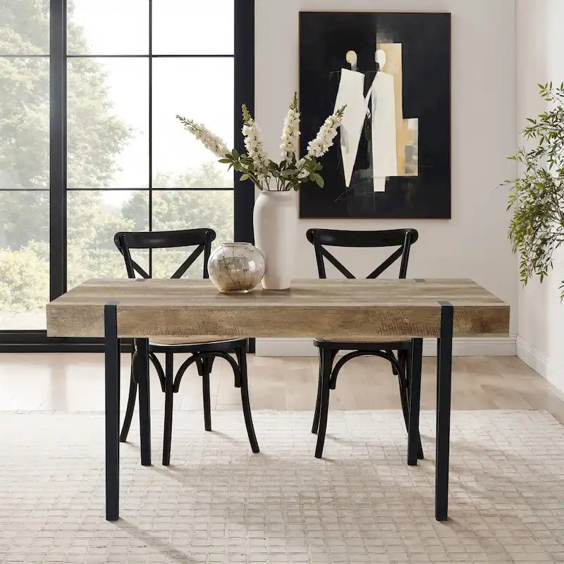Table à manger rectangulaire 6 personnes, finition chêne, pieds en métal noir
