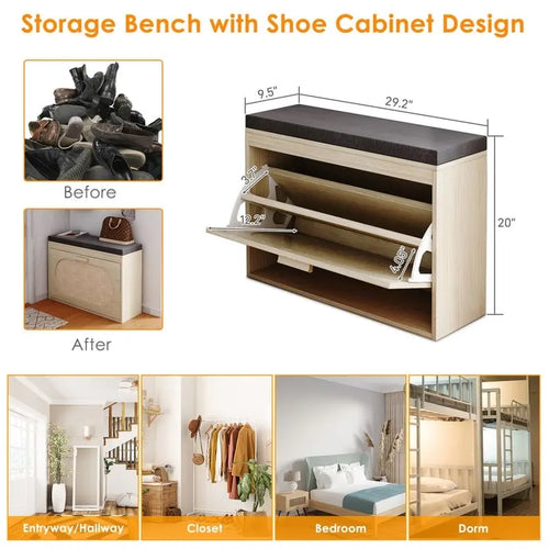 Banc à chaussures en rotin beige avec tiroir basculant et coussin d'assise, 1 place