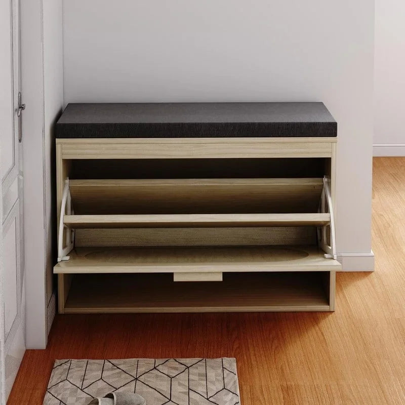 Banc à chaussures en rotin beige avec tiroir basculant et coussin d'assise, 1 place