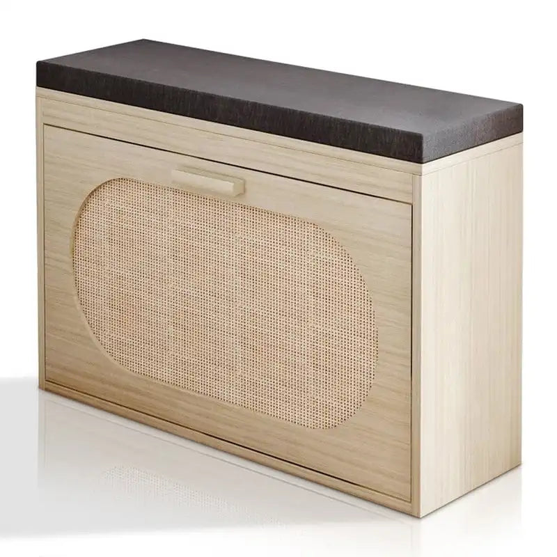 Banc à chaussures en rotin beige avec tiroir basculant et coussin d'assise, 1 place