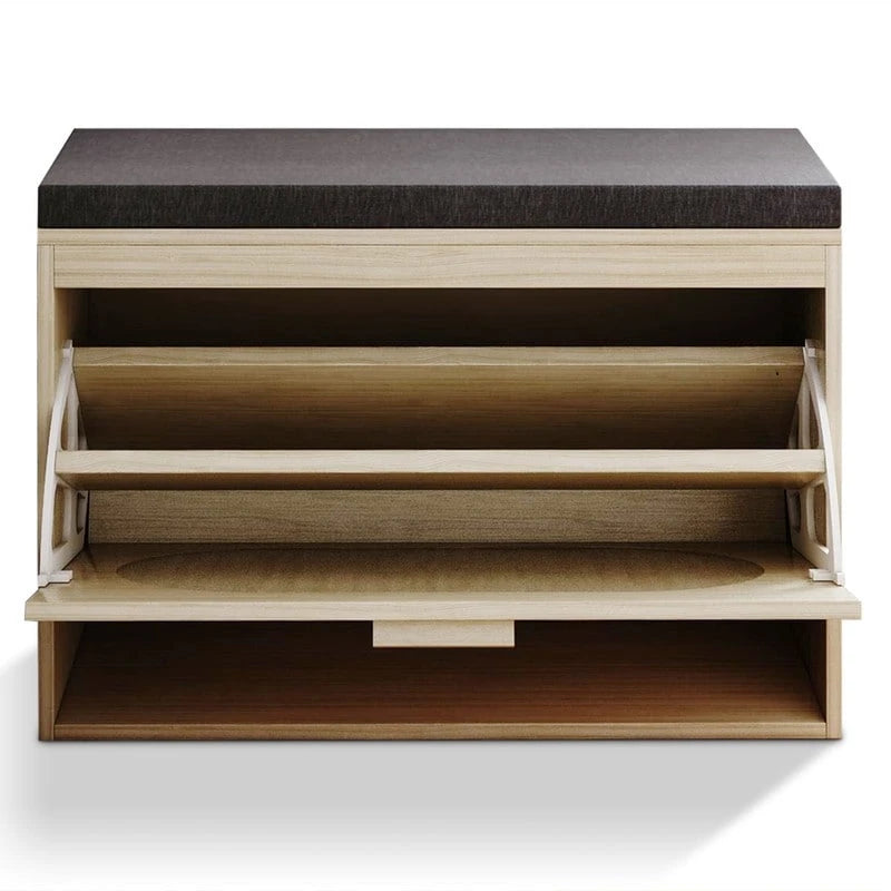 Banc à chaussures en rotin beige avec tiroir basculant et coussin d'assise, 1 place
