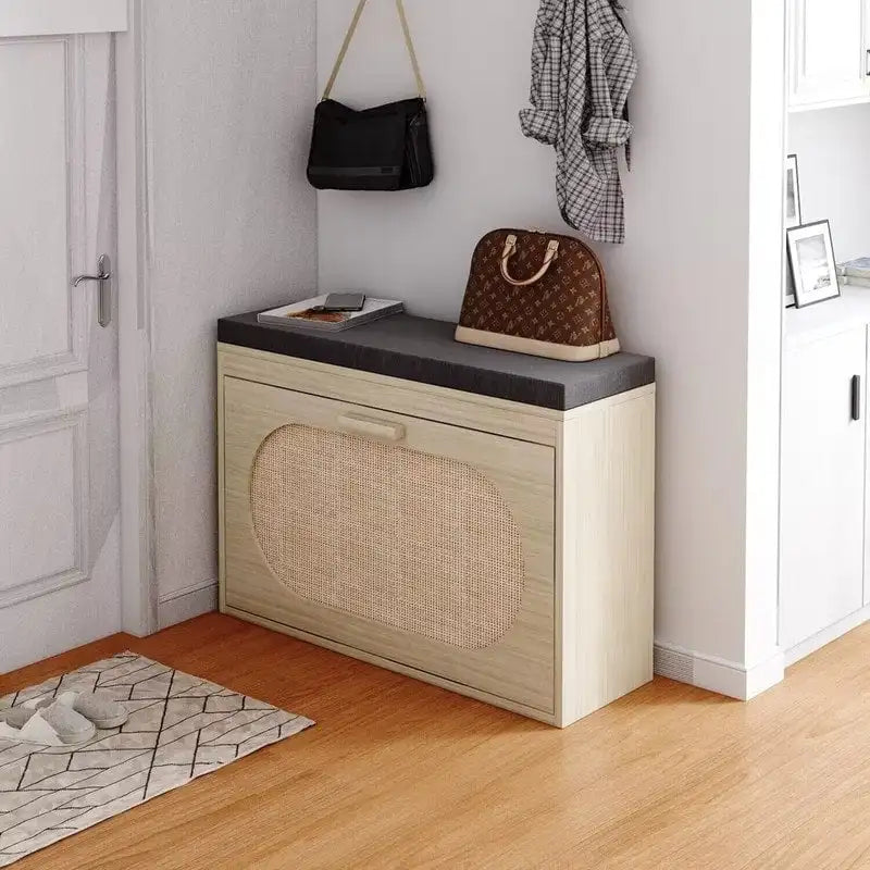 Banc à chaussures en rotin beige avec tiroir basculant et coussin d'assise, 1 place