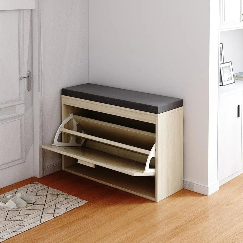 Banc à chaussures en rotin beige avec tiroir basculant et coussin d'assise, 1 place