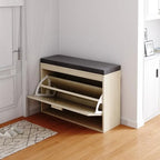 Banc à chaussures en rotin beige avec tiroir basculant et coussin d'assise, 1 place