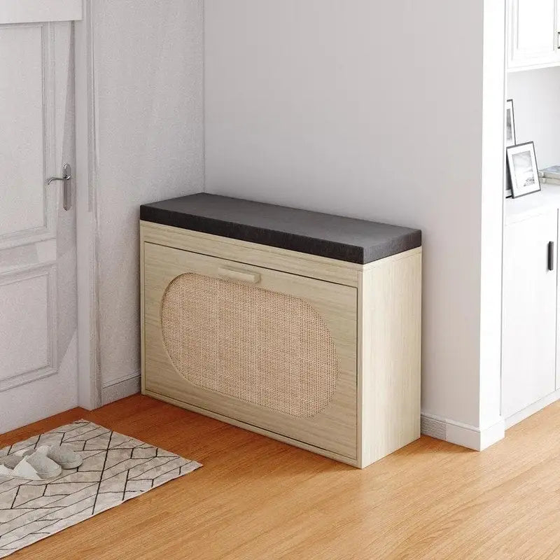 Banc à chaussures en rotin beige avec tiroir basculant et coussin d'assise, 1 place