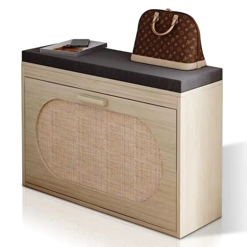 Banc à chaussures en rotin beige avec tiroir basculant et coussin d'assise, 1 place