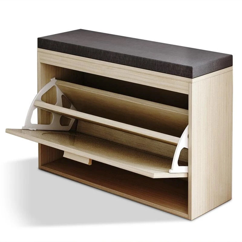 Banc à chaussures en rotin beige avec tiroir basculant et coussin d'assise, 1 place