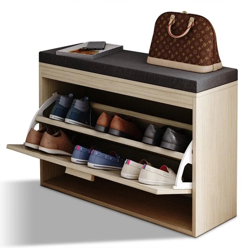 Banc à chaussures en rotin beige avec tiroir basculant et coussin d'assise, 1 place