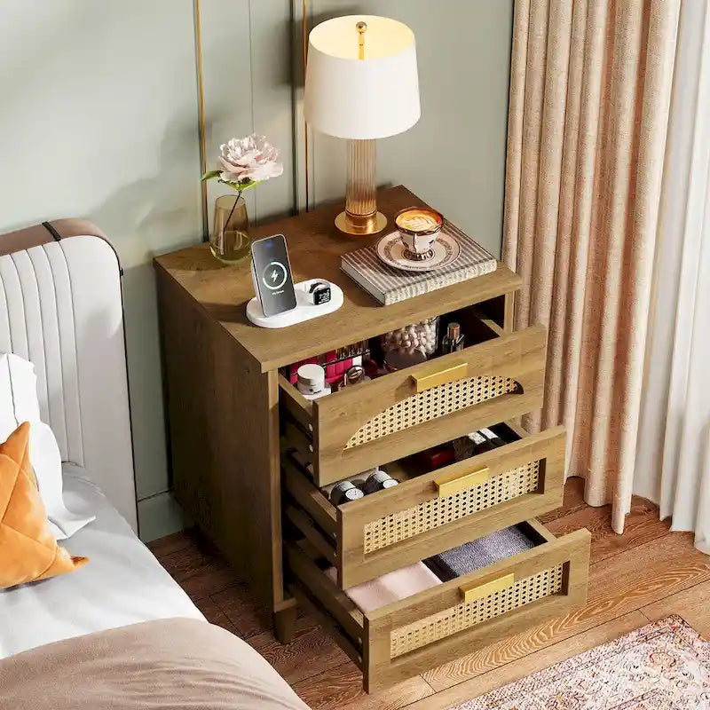 Table de chevet 3 tiroirs vert + marron / noir + marron pour 1 personne