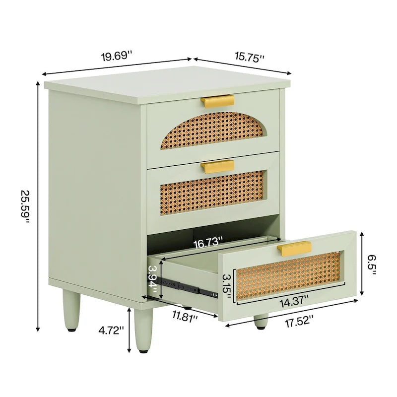 Table de chevet 3 tiroirs vert + marron / noir + marron pour 1 personne