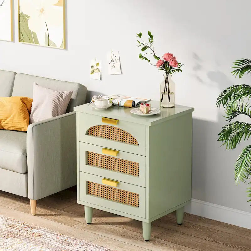 Table de chevet 3 tiroirs vert + marron / noir + marron pour 1 personne