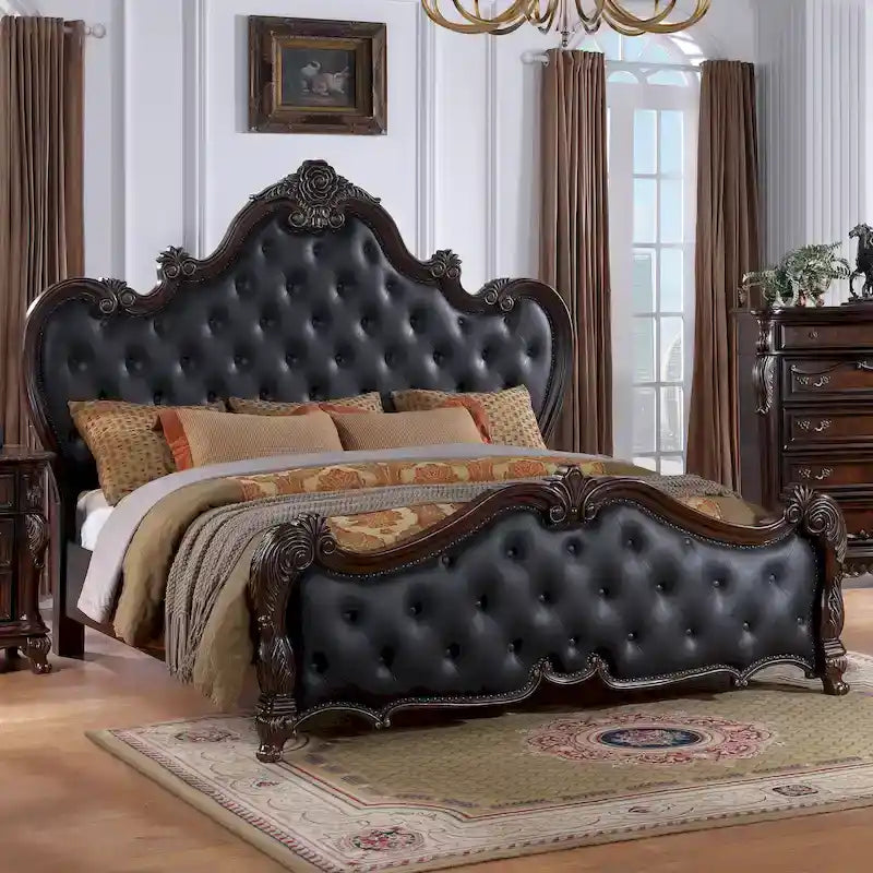 Lit capitonné traditionnel à panneaux, cerisier clair et foncé – Grand lit/Très grand lit