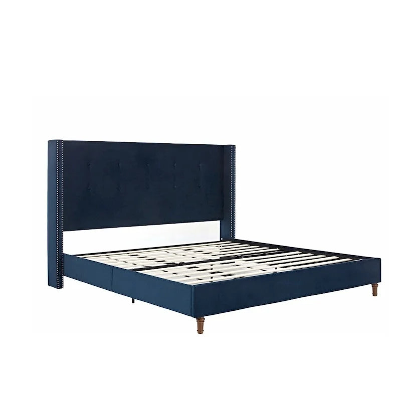 Cadre de lit rembourré à oreilles en velours ivoire/bleu, capitonné, avec garniture cloutée, grand lit/très grand lit, 2 personnes