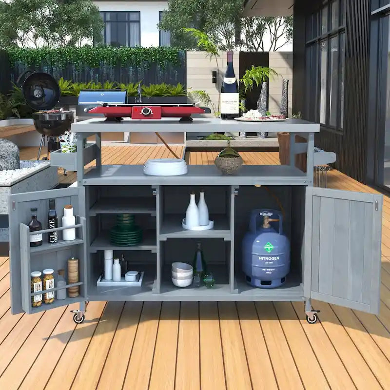 Chariot de cuisine d'extérieur pour barbecue en bois de sapin naturel, brun foncé/bleu-gris, 1 personne, plateau en acier inoxydable