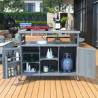 Chariot de cuisine d'extérieur pour barbecue en bois de sapin naturel, brun foncé/bleu-gris, 1 personne, plateau en acier inoxydable