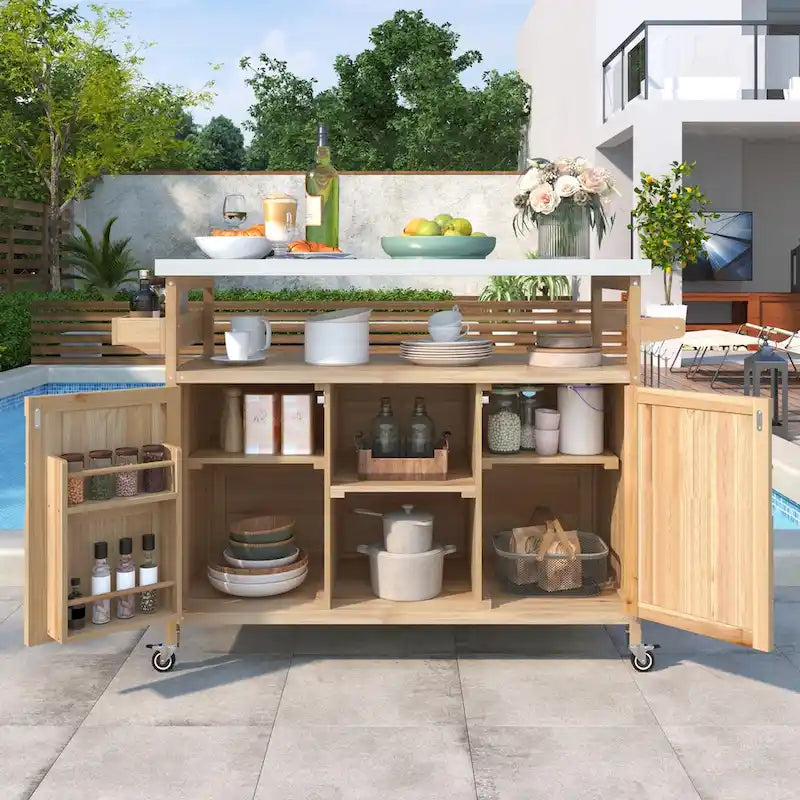 Chariot de cuisine d'extérieur pour barbecue en bois de sapin naturel, brun foncé/bleu-gris, 1 personne, plateau en acier inoxydable