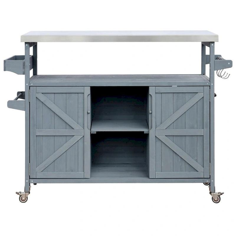 Chariot de cuisine d'extérieur pour barbecue en bois de sapin naturel, brun foncé/bleu-gris, 1 personne, plateau en acier inoxydable