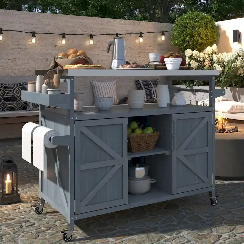 Chariot de cuisine d'extérieur pour barbecue en bois de sapin naturel, brun foncé/bleu-gris, 1 personne, plateau en acier inoxydable