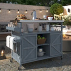 Chariot de cuisine d'extérieur pour barbecue en bois de sapin naturel, brun foncé/bleu-gris, 1 personne, plateau en acier inoxydable