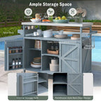 Chariot de cuisine d'extérieur pour barbecue en bois de sapin naturel, brun foncé/bleu-gris, 1 personne, plateau en acier inoxydable