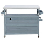 Chariot de cuisine d'extérieur pour barbecue en bois de sapin naturel, brun foncé/bleu-gris, 1 personne, plateau en acier inoxydable