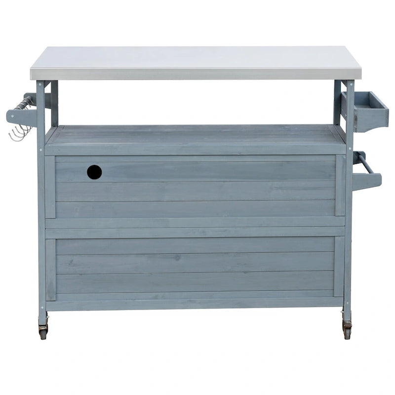 Chariot de cuisine d'extérieur pour barbecue en bois de sapin naturel, brun foncé/bleu-gris, 1 personne, plateau en acier inoxydable