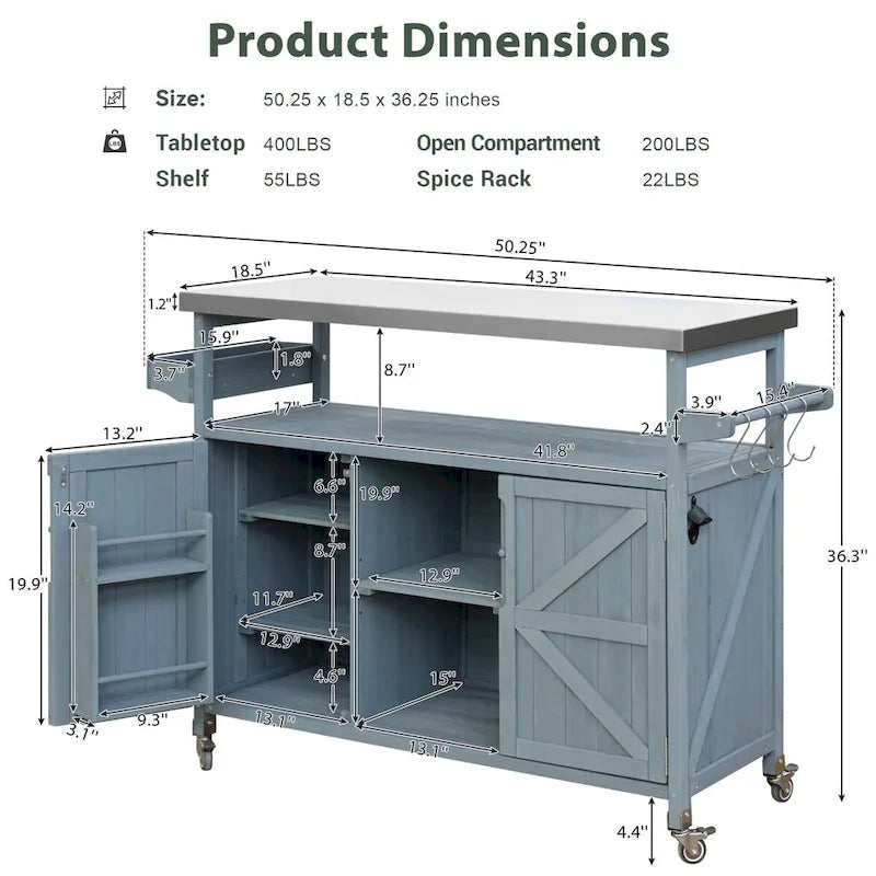 Chariot de cuisine d'extérieur pour barbecue en bois de sapin naturel, brun foncé/bleu-gris, 1 personne, plateau en acier inoxydable