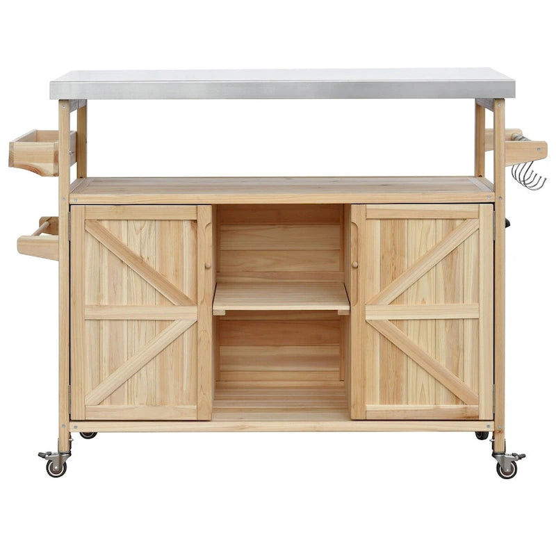 Chariot de cuisine d'extérieur pour barbecue en bois de sapin naturel, brun foncé/bleu-gris, 1 personne, plateau en acier inoxydable