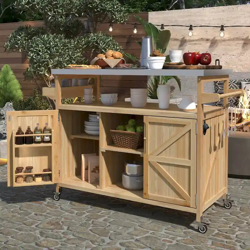 Chariot de cuisine d'extérieur pour barbecue en bois de sapin naturel, brun foncé/bleu-gris, 1 personne, plateau en acier inoxydable