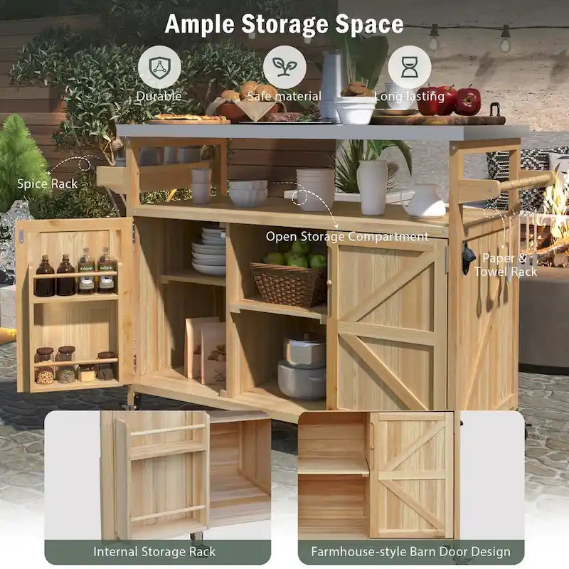 Chariot de cuisine d'extérieur pour barbecue en bois de sapin naturel, brun foncé/bleu-gris, 1 personne, plateau en acier inoxydable