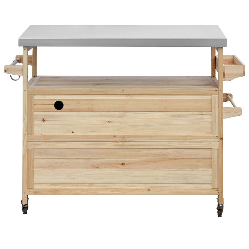 Chariot de cuisine d'extérieur pour barbecue en bois de sapin naturel, brun foncé/bleu-gris, 1 personne, plateau en acier inoxydable
