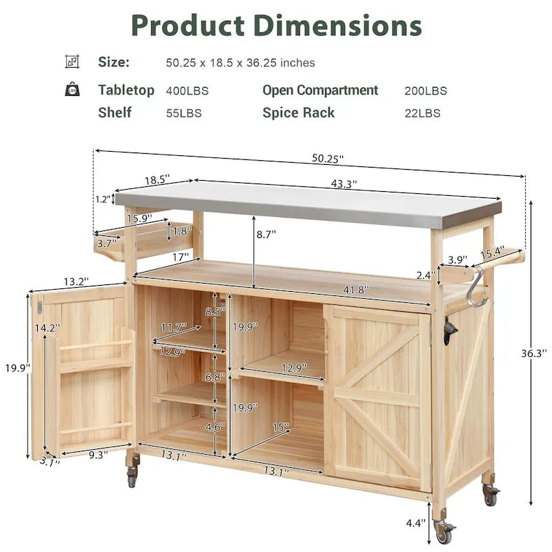 Chariot de cuisine d'extérieur pour barbecue en bois de sapin naturel, brun foncé/bleu-gris, 1 personne, plateau en acier inoxydable