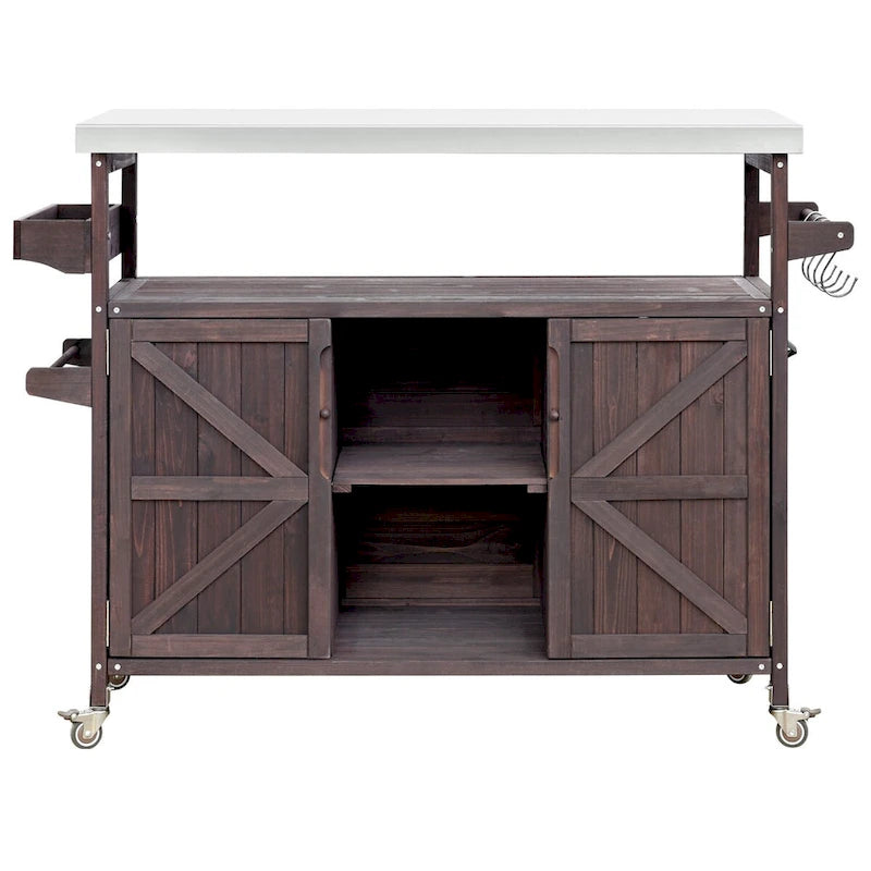 Chariot de cuisine d'extérieur pour barbecue en bois de sapin naturel, brun foncé/bleu-gris, 1 personne, plateau en acier inoxydable