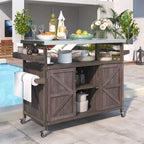 Chariot de cuisine d'extérieur pour barbecue en bois de sapin naturel, brun foncé/bleu-gris, 1 personne, plateau en acier inoxydable