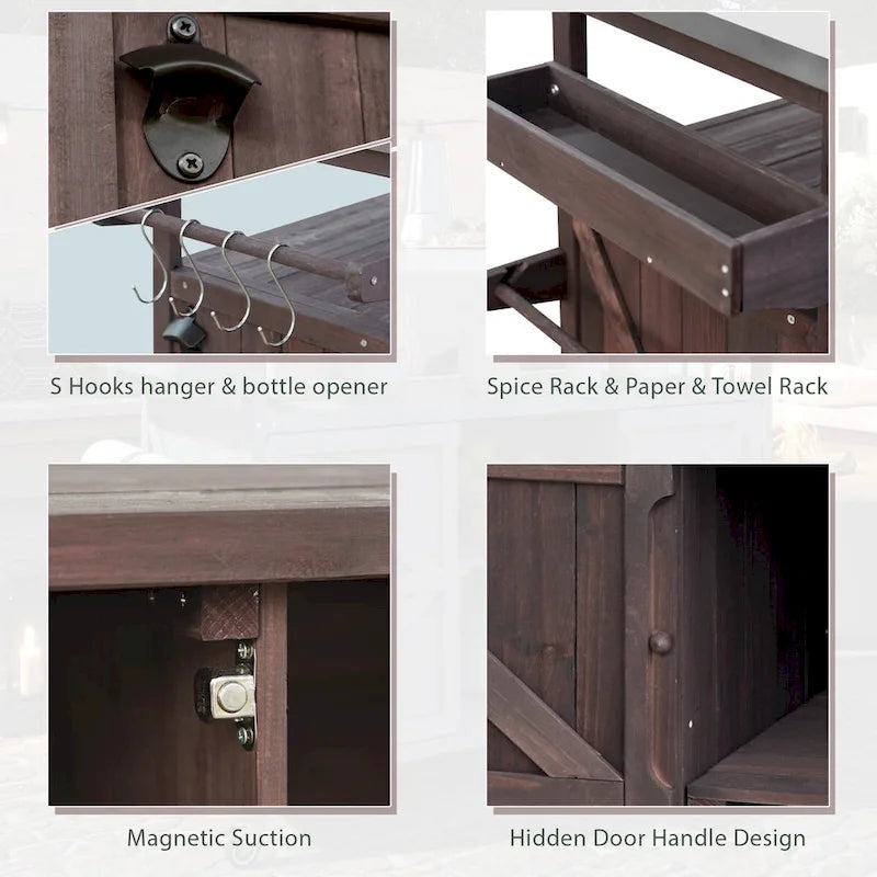 Chariot de cuisine d'extérieur pour barbecue en bois de sapin naturel, brun foncé/bleu-gris, 1 personne, plateau en acier inoxydable