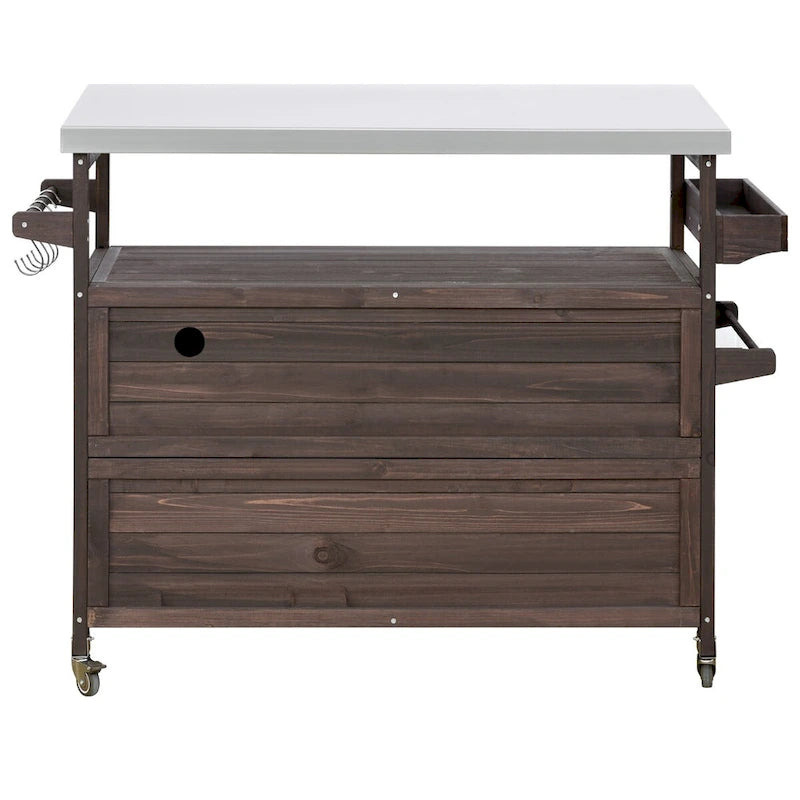 Chariot de cuisine d'extérieur pour barbecue en bois de sapin naturel, brun foncé/bleu-gris, 1 personne, plateau en acier inoxydable