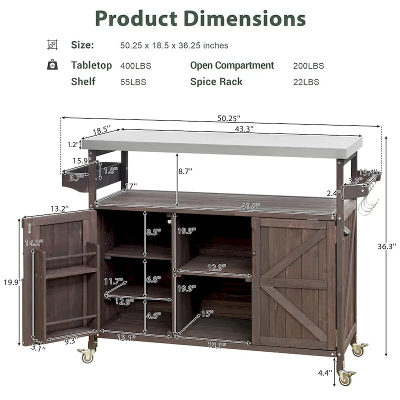 Chariot de cuisine d'extérieur pour barbecue en bois de sapin naturel, brun foncé/bleu-gris, 1 personne, plateau en acier inoxydable